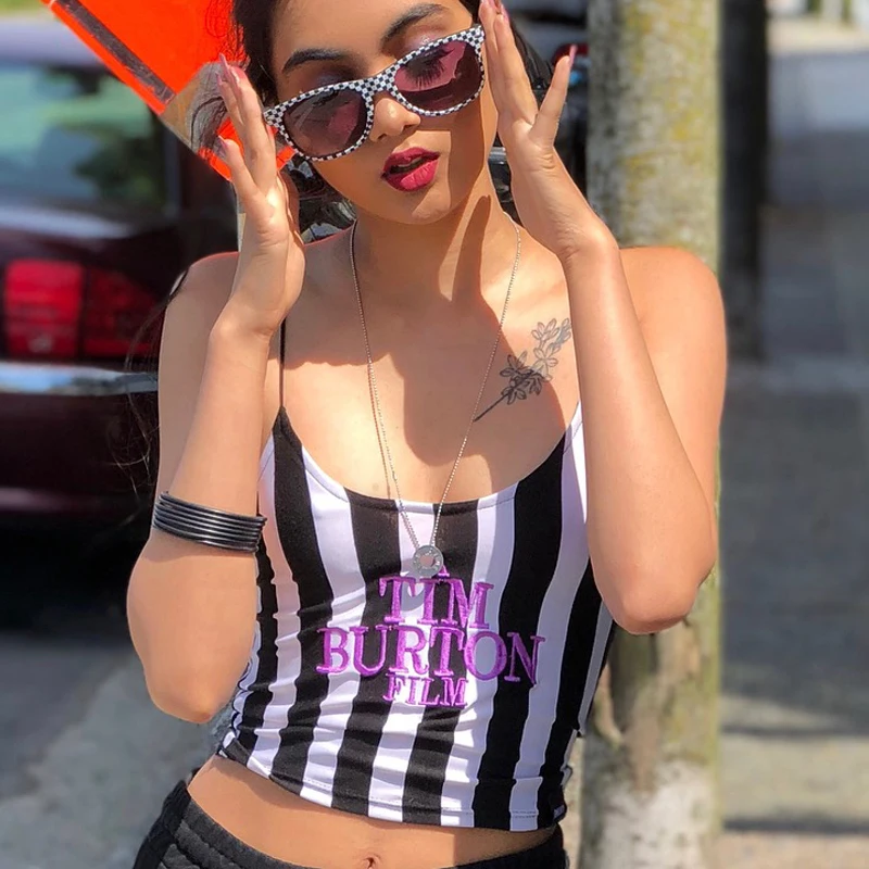  Hugcitar spaghetti straps stripe letters Embroidery slash neck sexy crop tops 2018 summer women fas