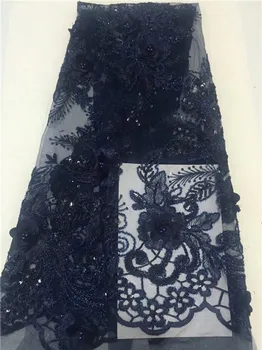

2018 royal latest French network tulle lace fabric/3D flowers African wedding party dress Lake blue beads sequins lace fabric