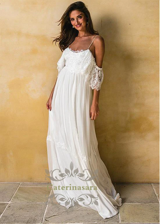

Fashionable Spaghetti Straps with Off the Shoulder Wedding Dress Sheath Skirt Lace Top Lower Back Bride Gowns Classic Design