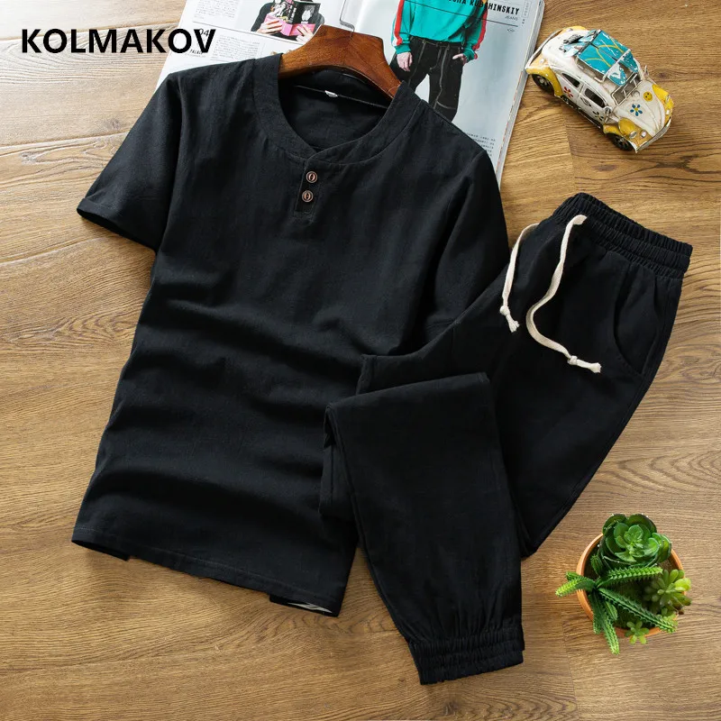 

(Shirt + trousers) new style Short sleeve men shirt Cotton and linen shirts men's High quality of casual fashion shirts Two piec