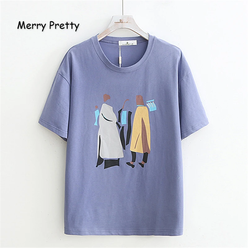 

Merry Pretty Women Cartoon Print Cotton T Shirts 2019 Summer Short Sleeve O-Neck Blue T Shirt For Femme Casual Loose Tops Tees