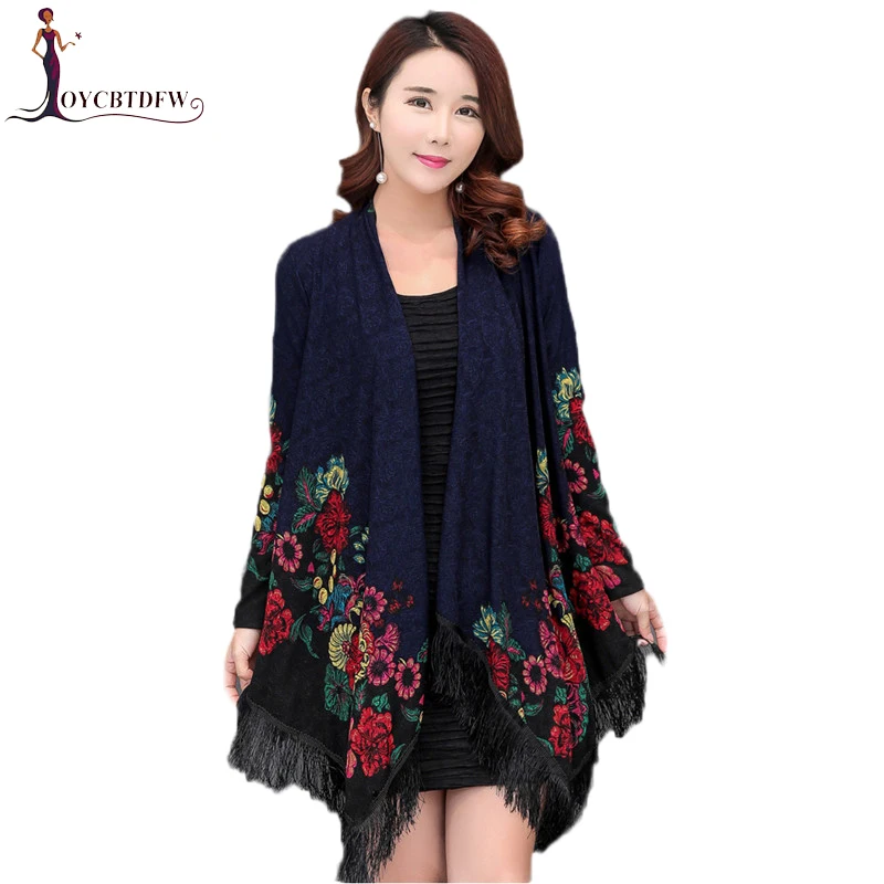 

Spring women windbreaker large size L-5XL fat MM fringed temperament cardigan mid long national style printing loose coat LDT556