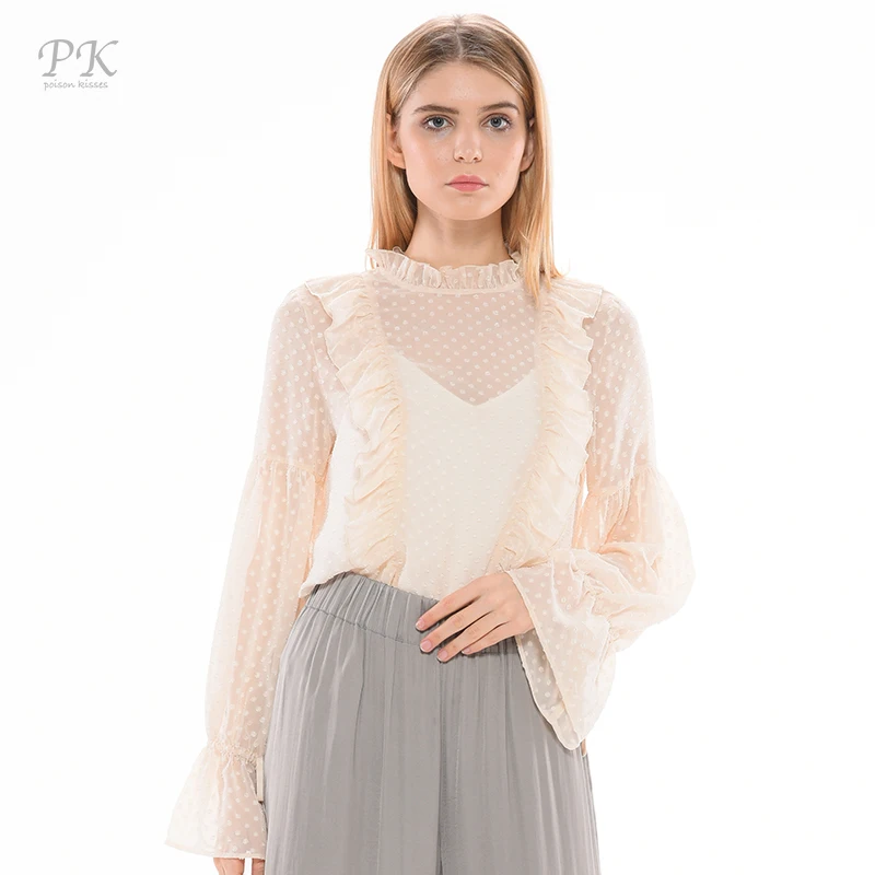 

PK ruffle blouse girls summer see through feminine vintage blouse shirt femme ete 2018 korean ballon sleeve ruffle blusas female