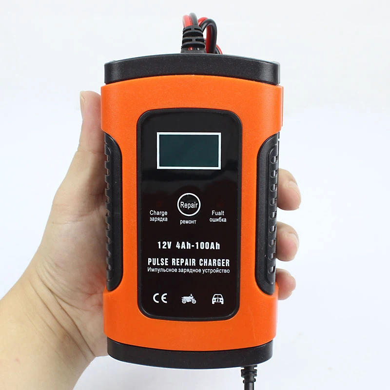 

Orange Full Automatic Car Battery Charger 110V To 220V To 12V 6A LCD Smart Fast for Auto Motorcycle Lead-Acid Batteries Charging