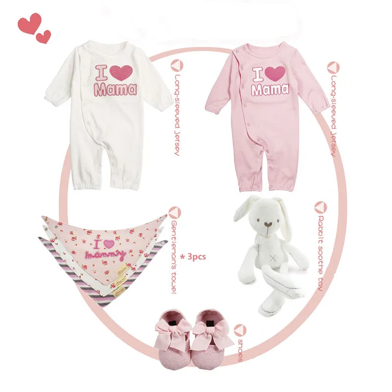 

7pcs/set Baby Infant Cotton Clothes Set Thick Rompers Boys Girls I love Mom Full Sleeve Bibs Plush Toys Shoes 0-6M Newborn Gift