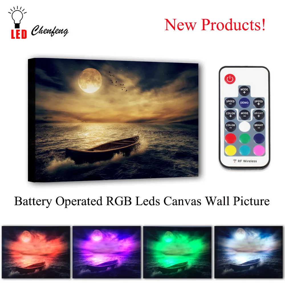 

colorful Led Canvas Printing Boat drifting away in ocean after storm Wall Picture Remote control Illuminate painting lighted UP