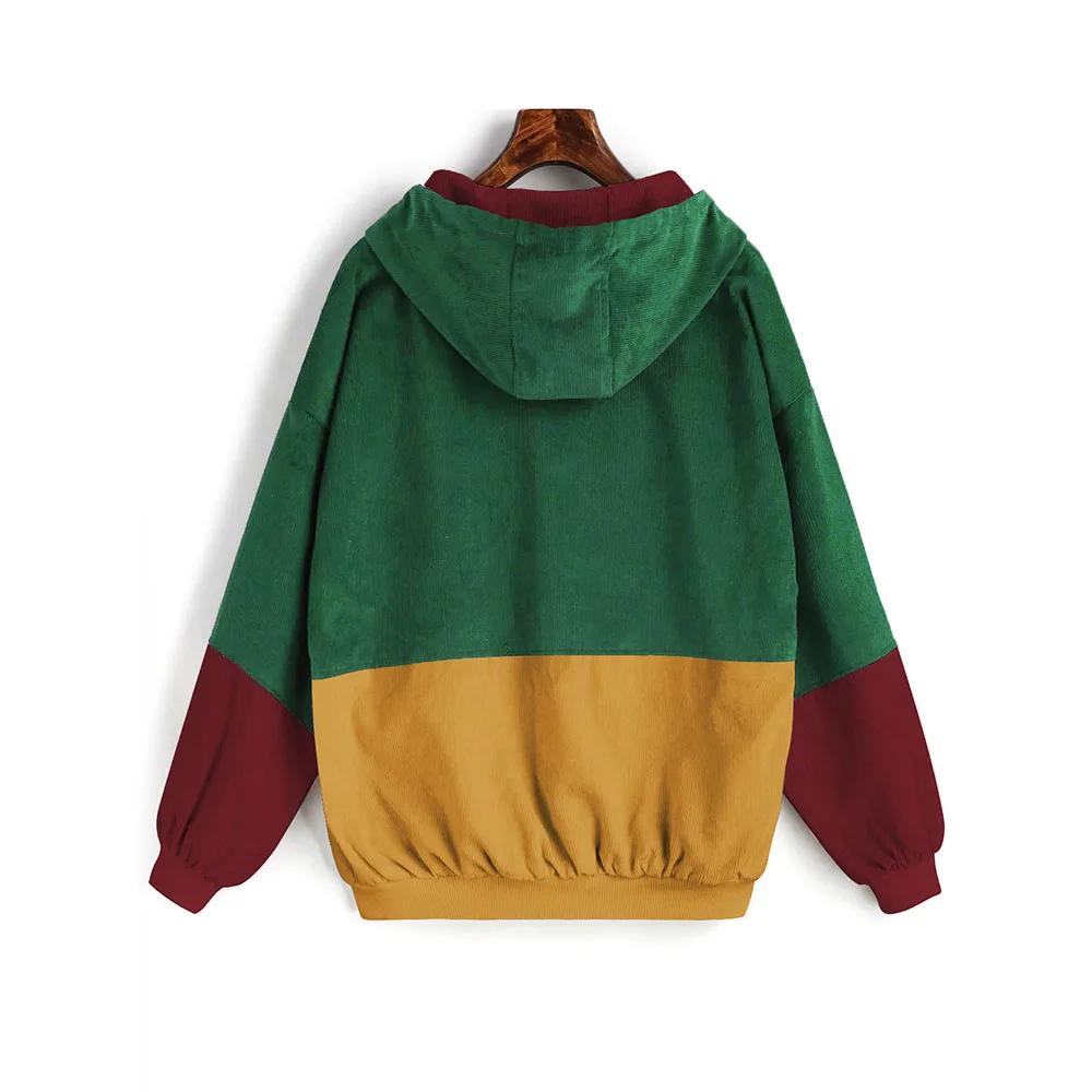 awesome  ZAFUL Jacket Coat Women Patchwork Color Block Hooded Pocket Corduroy Jackets Autumn Casual Jacket C