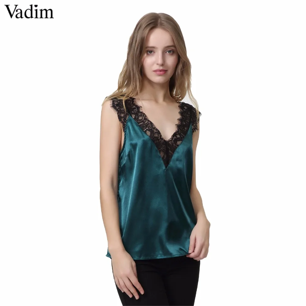 

Vadim women Lace Trim Double V Neck Satin Silk Top Sexy Tops Fitness Tank Top Green Elegant Workwear ZC079