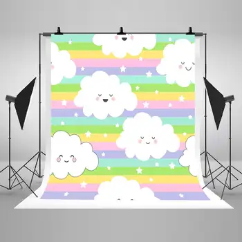 

Rainbow Stripe Smiling Clouds and Stars Photography Backdrop Seamless Pattern Photo Background for Children Birthday Studio Prop
