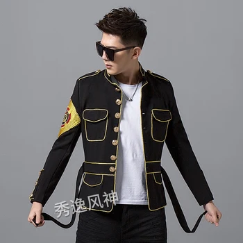 

Autumn and winter men's new gold silk embroidered medal suit stand collar nightclub show small suit heavy work manual costumes !