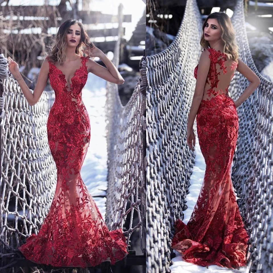 Robe de soiree, сексуальное женское вечернее платье русалки, прозрачное, с v-образным вырезом, красное, кружевное, с аппликацией, для выпускного вечера, платья с открытой спиной, шикарные вечерние платья