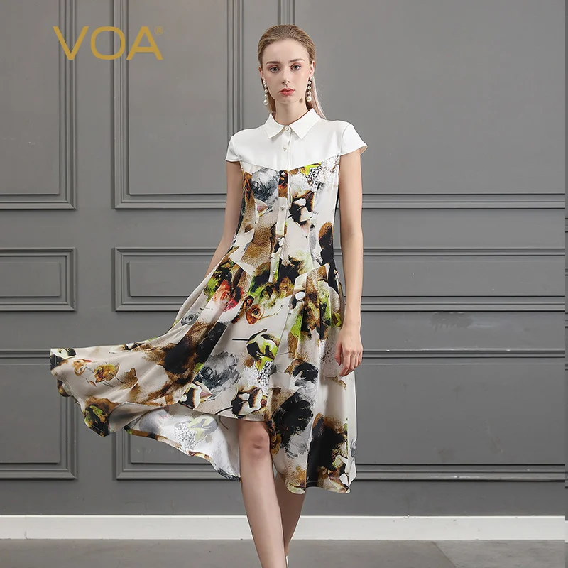 VOA Zware Zijden Midi Jurken Print Zomer Onregelmatige Jurk Vintage Chinese Kleding Casual Pearl Knoppen vestido A917 VOA Zware Zijden Midi Jurken Print Zomer Onregelmatige Jurk Vintage Chinese Kleding Casual Pearl Knoppen vestido A917
