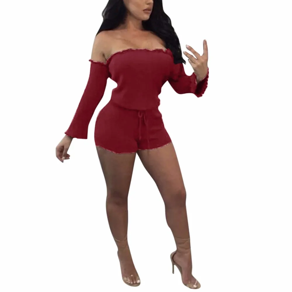 New Fashion Women Casual Solid Off Shoulder Long Sleeve Short Pants Playsuit Hot Sale One Piece Clubwear Bodycon Rompers