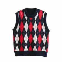 Осенний женский клетчатый Повседневный свитер с ромбовидным узором, белый жилет без рукавов, вязаный жилет с круглым вырезом в студенческом стиле