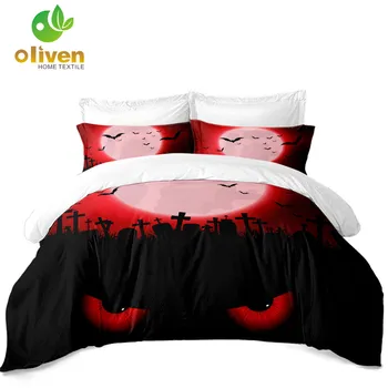 

3D Scarlet Moon Bedding Set Halloween Ghost Eye Print Duvet Cover Set Horrible Bat Grave Bedding King Queen Pillowcase D25