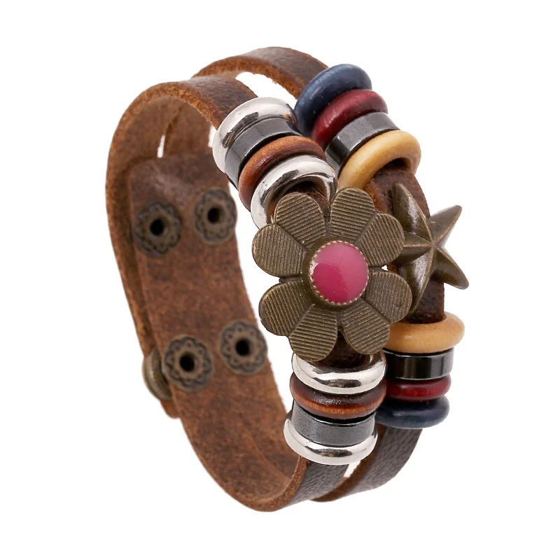 Boho Gypsy Hippie Vintage Young Punk Brown Leather Star Metal Charms Wrap Unisex Adjustable Layered Bracelet for Women | Украшения и