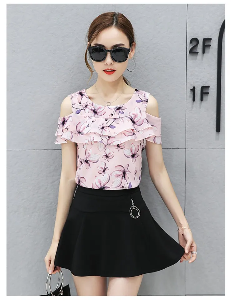 Blusas Femininas 2018 Women Open Shoulder Tops Female Casual Short Sleeve Chiffon Blouses Print Floral Shirts Ladies Tops (5)