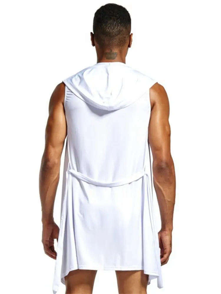 

Mens Sleeveless Bathrobe Hooded Kimono Pajama Ice Silk Summer Home Clothes Sexy Nightwear Casual Nylon Spandex Solid Dressing