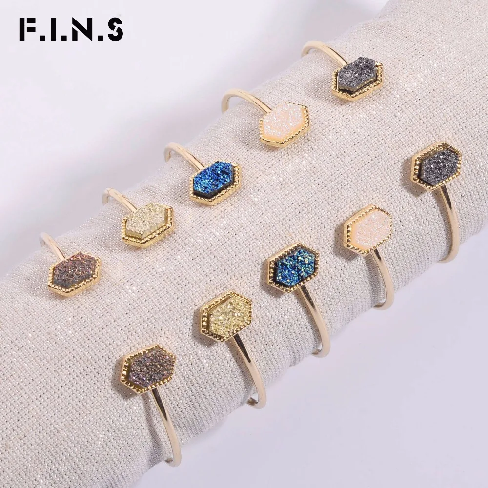 

F.I.N.S 5 Colors Geometric Open Hand Cuff Woman Druzy Resin Quartz Stone Bangles for Women Womens Bracelets Trendy 2019