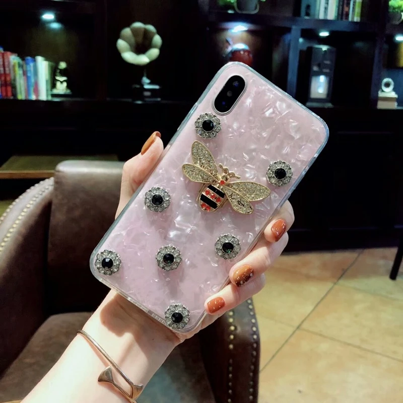 Aoweziic Luxury Marble Rhinestones Bee Case For iPhoneX 7 6 6S 8 Plus XS MAX XR glitter Sea shell Diamond Conch TPU Cover Back
