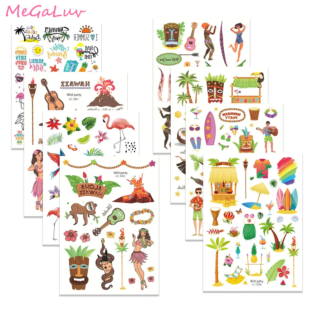 

1pc Tropical Hawaiian Beach Party Tattoo Stickers Flamingo Temporary Tattoos Hawaii Luau Summer Pool Wild Aloha Party Supplies