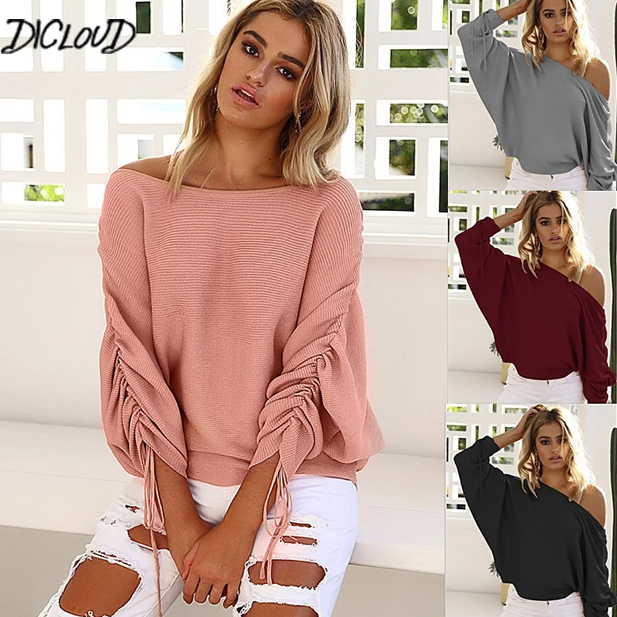 

DICLOUD 2018 Autumn Strapless Sexy Sweater Woman Fashion Puff Sleeve Knit Pullovers Woman Casual Loose Elegant Ladies Lace Tops