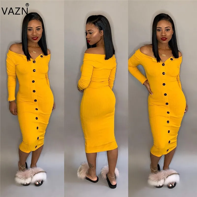 

VAZN Autumn 2019 Sexy Fashion Top Design Women Dress Solid Slash Neck Full Sleeve Sheath Overalls Midi Dress Vestido LSD8258