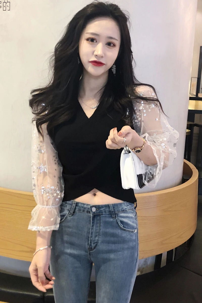 WHITNEY WANG весенне-осенняя модная цветная контрастная трикотажная Лоскутная Блузка с блестками и сетчатым рукавом женские блузы рубашки топы