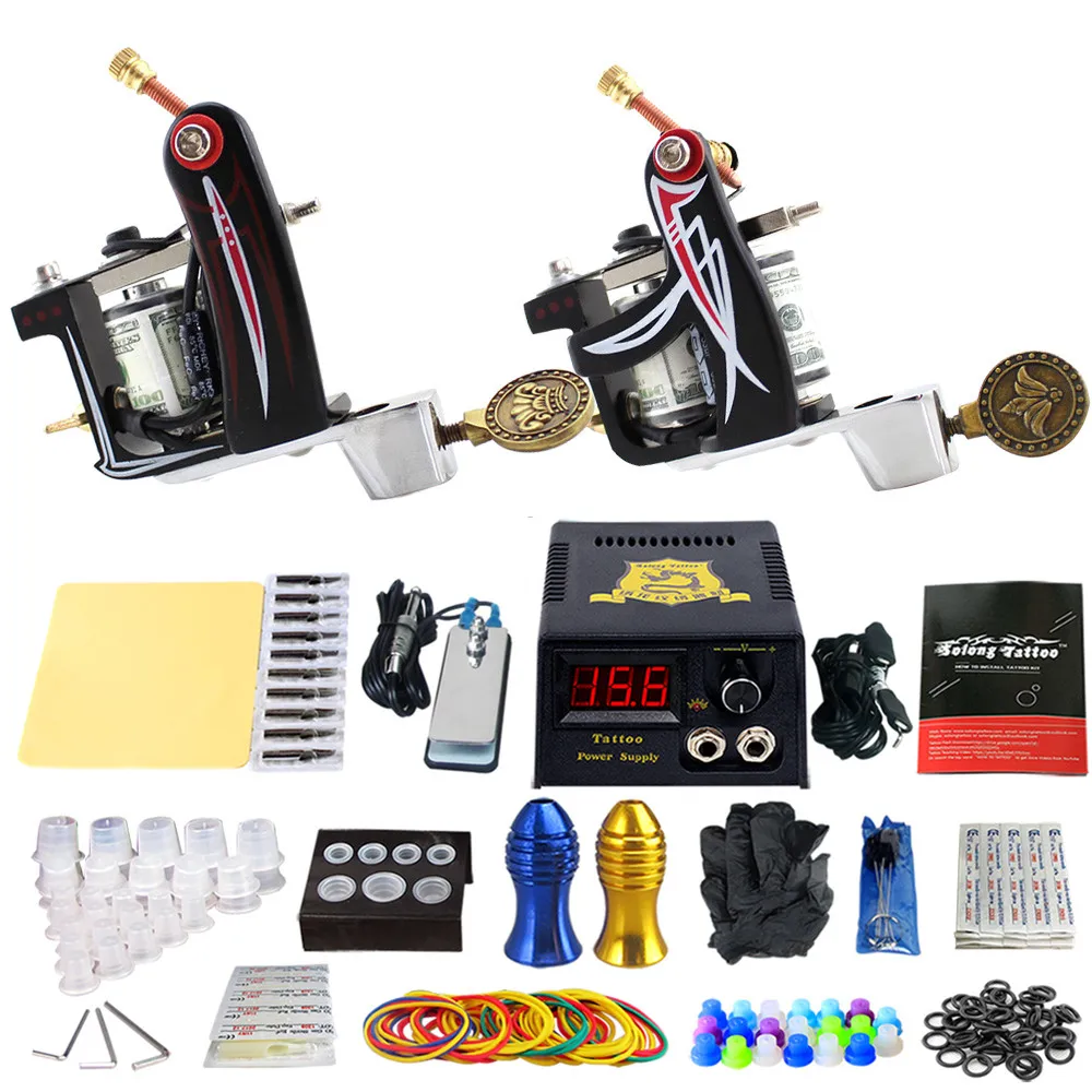 

Solong tatoo machine gun Kits Tattoo Machine Set Power Supply Foot Pedal Needles Grips Body Arts Tattoo Supplies TK202-10