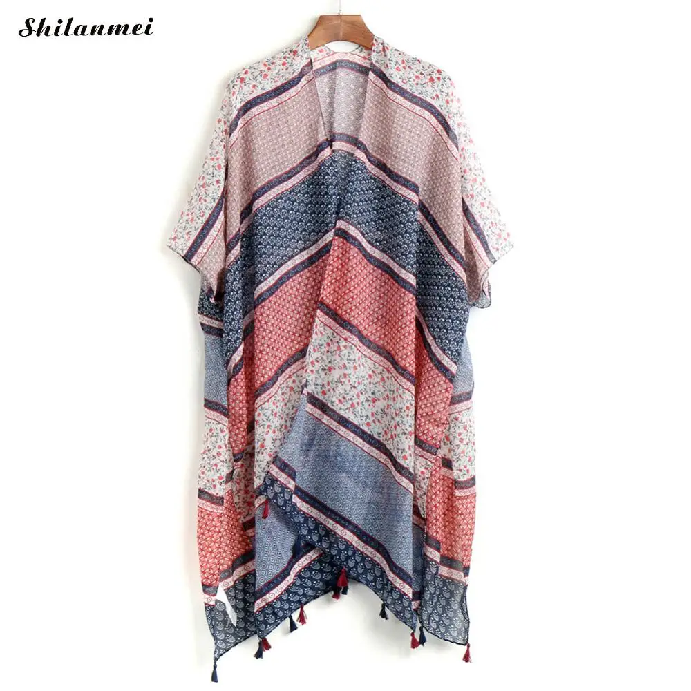 

Kimono Mujer 2018 Summer Beach Tassel Raglan Shirt Women Vintage Kimono Long Cardigan Feminino Floral Blouse Boho Top 13 Colors