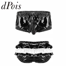 Мужское нижнее белье мокрого вида, женское белье из лакированной кожи, на молнии, с выпуклостью, с рюшами сзади, с высокой посадкой, трусы, нижнее белье, трусики
