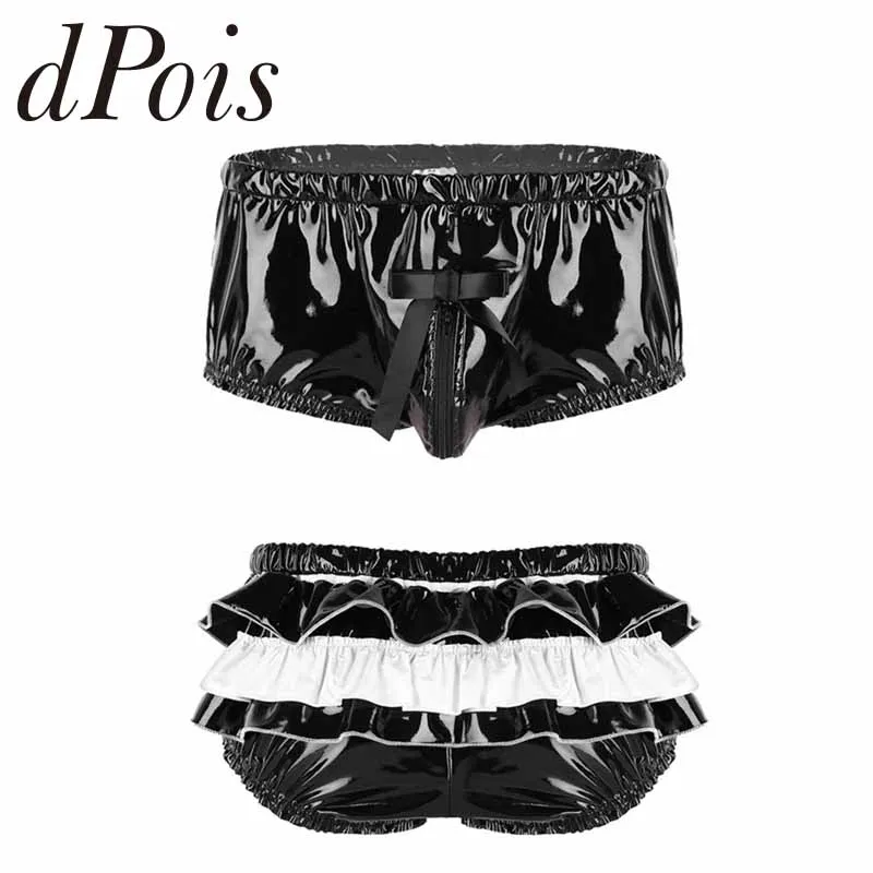 

Mens Lingerie Wet Look Patent Leather Lingerie Zippered Bulge Pouch Back Frilly Ruffled High Cut Low Rise Briefs Underwear Panty