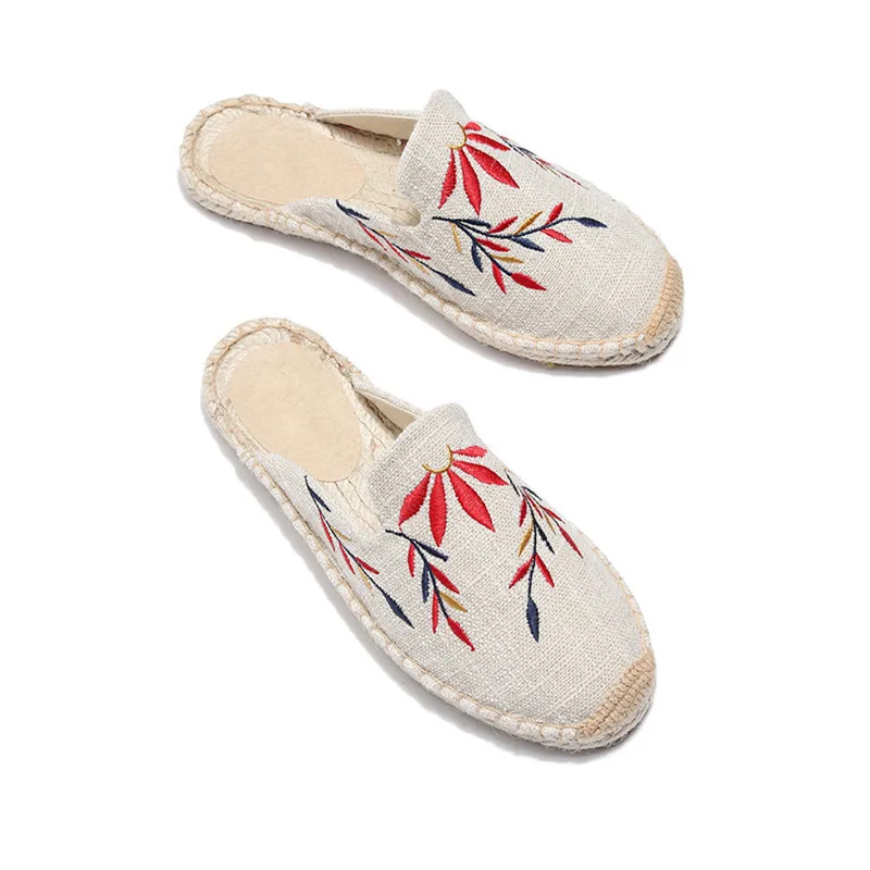 2019 Summer Women Half Slippers Embroidery Maple Leaf Cats Slide Flat Bottom Hemp Rope Weaving Fisherman Shoes Women Espadrilles (11)