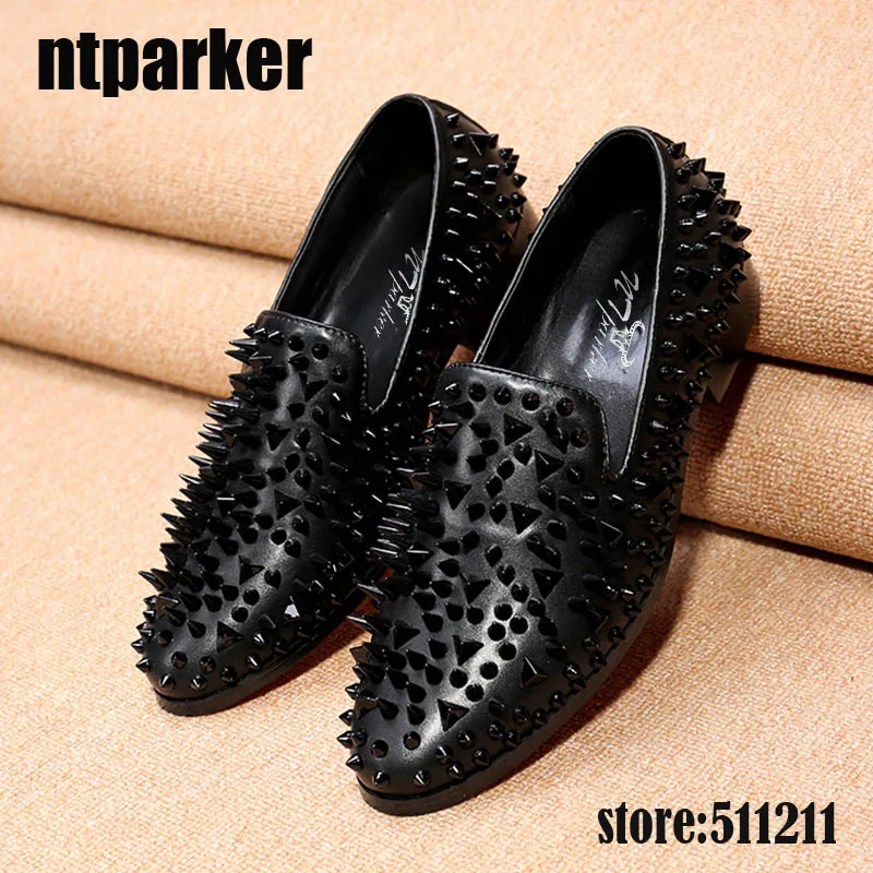 Ntparker/итальянские мужские туфли на плоской подошве ручной работы; лоферы с заклепками; черные мужские повседневные модельные туфли для мужчин; Свадебные/вечерние туфли