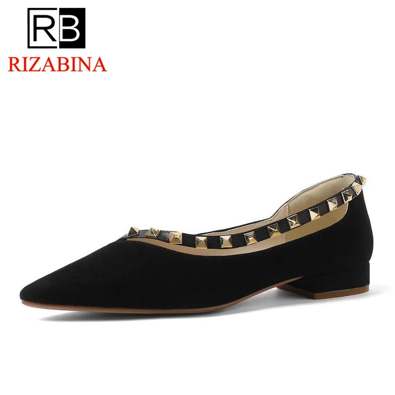 

RIZABINA Sexy Women Flats Shoes Genuine Leather Pointed Toe Rivets Punk Vintage Shoes Daily Leisure Women Footwear Size 34-39