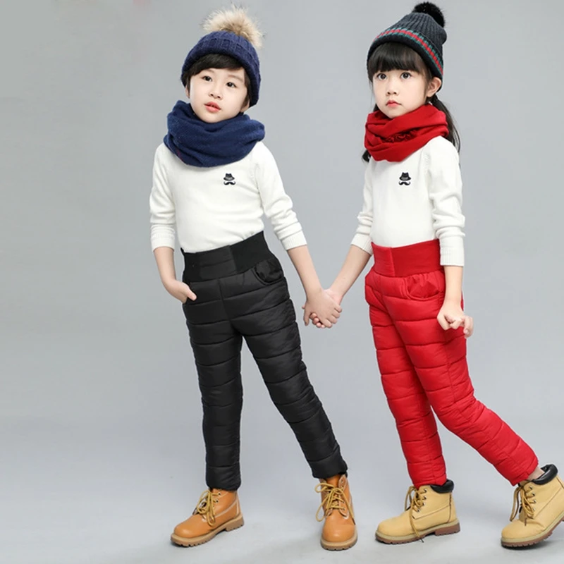 

Winter Girls Boys Pants Cotton Padded Trousers Thick Warm Waterproof Kids Long Pants High Waist Elastic Girls Leggings TK01