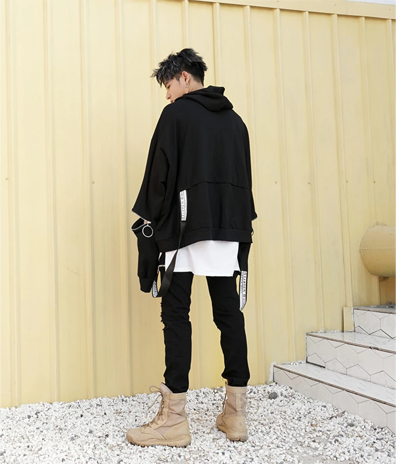  Long Hoodies Men Casual Zip Ribbon Hip Hop  (1)