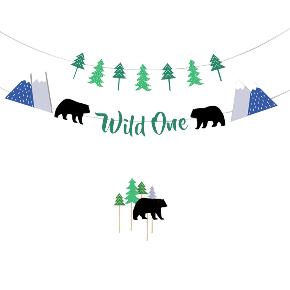 

7pcs Green Forest Theme WILD ONE Letter Banner Bear Cake Topper Cupcake Toppers Food Fruit Dessert Picks Decor Party Supplies
