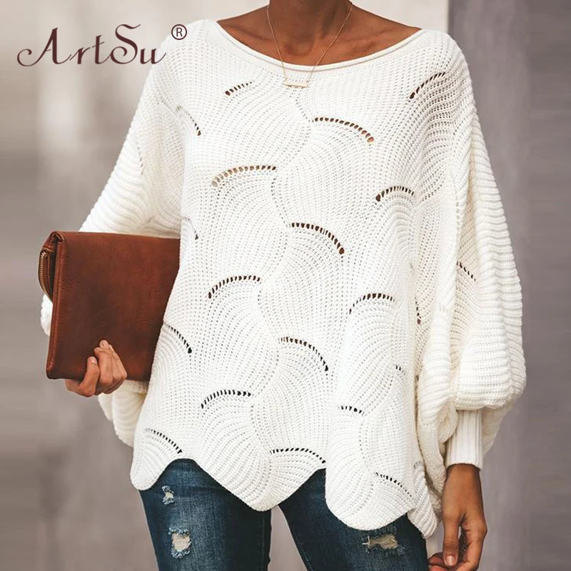 

ArtSu Fashion Round Neck White Women Sweater Oversized Loose Batwing Sleeve Pullovers Sexy Hollow Out Autumn Winter Pull Femme