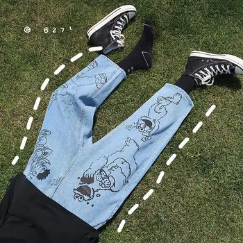 

2019 Summer Men's Blue Color Cartoon Printing Casual Pants Baggy Homme Classic Cargo Pocket Jeans Biker Denim Trousers S-2XL