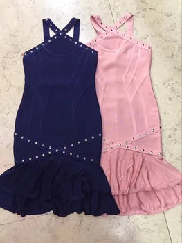 

High Quality Sexy Navy Blue Candy Pink Solid Strap Beading Bandage Dress Night Party Dress
