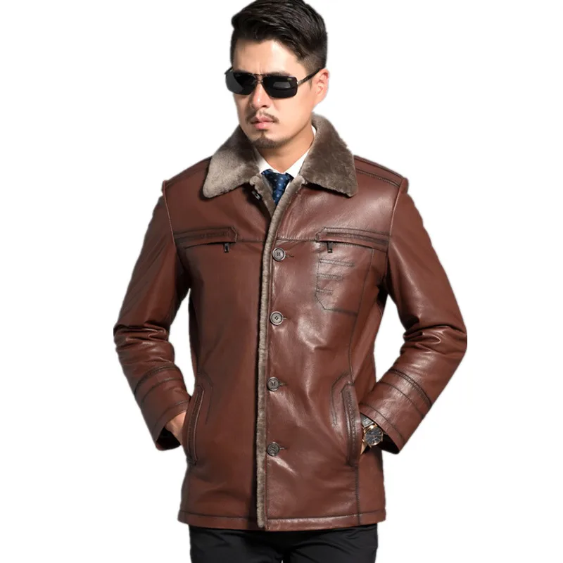 Top AYUNSUE Genunie Mens Leather Jackets Red Brown 2019 Winter Leather Men