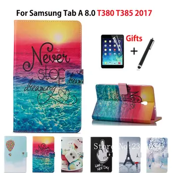 

Fashion Print Case For Samsung Galaxy Tab A 8.0 SM-T380 T385 2017 8.0 inch Smart Cover Funda Tablet PU Leather Shell+Film+Pen
