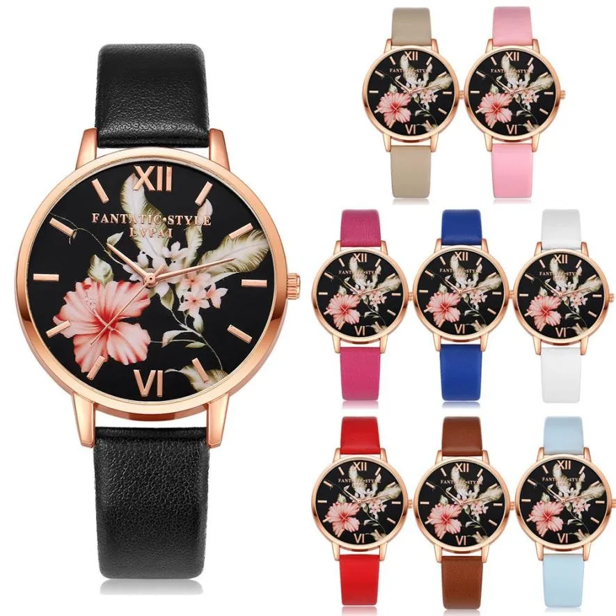 Practical Women Bright Flowers Fashion Leather Band Analog Quartz Round