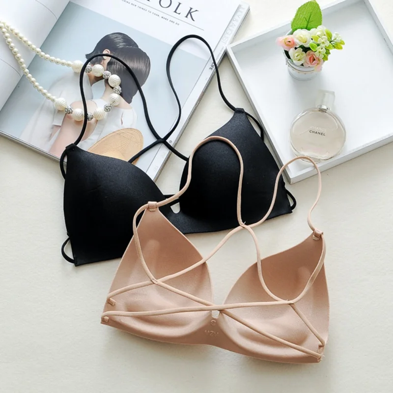 

Women Simple Solid Color Sexy Seamless Cross-back Bra 2019 Fashion Beauty Back Push Up Bras Fine Shoulder Strap Ultra-thin Bra