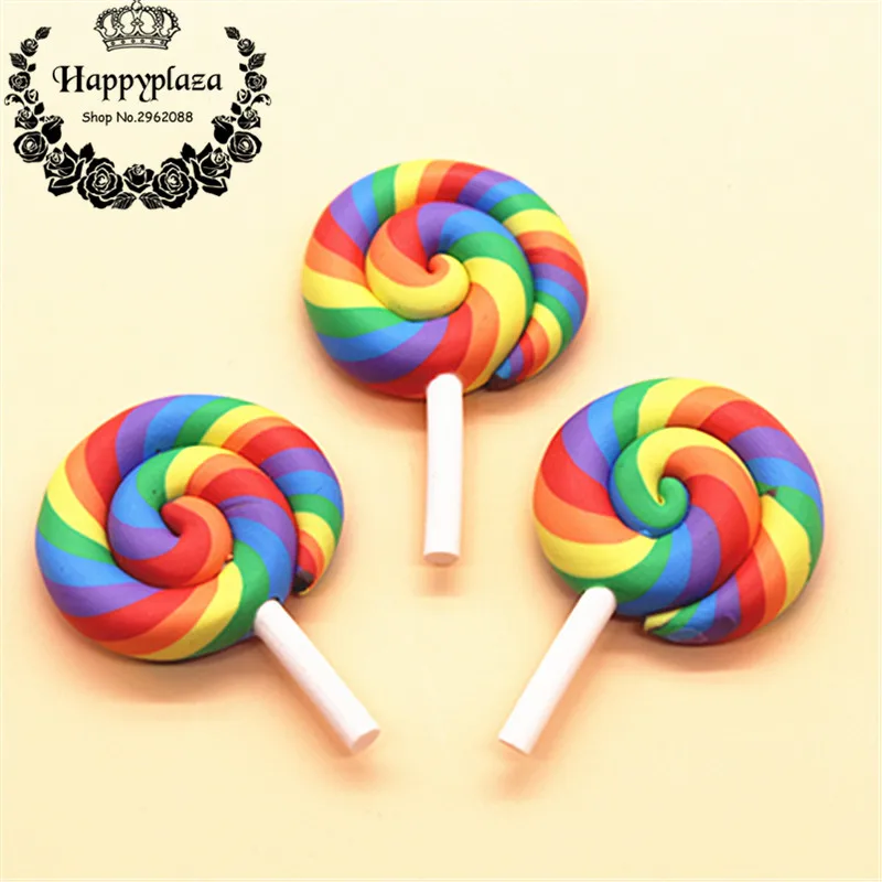 

10pcs Clay Flatback Cabochon Kawaii Rainbow Handmade Lollipop Miniature Food Art Supply DIY Phone Case Decoration,28*42mm