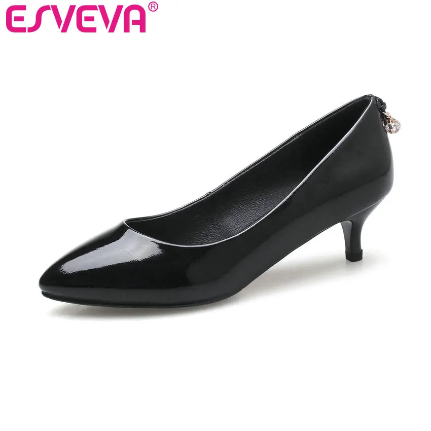 

ESVEVA 2017 Med Heel Woman Pumps Patent Leather Wedding Women Shoes Elegant Thin Heel Slip on Pointed Toe  Miss Shoes Size 34-39