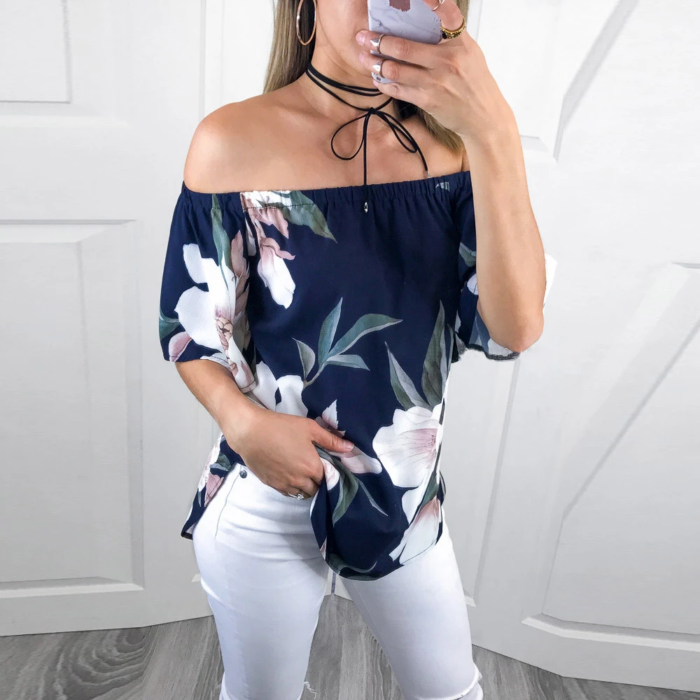 2019 de de las señoras de las mujeres flojo hombro Tops con flores estampadas Blusa Casual de manga corta Camisa Blusa mujer verano Blusa| Blusas y camisas| - AliExpress