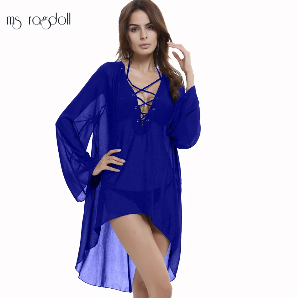 

Sexy Women Pareo Beach Cover Up 2018 Long Sleeve Irregular Chiffon Bikini Cover Up Women Bathing Suit Cover Up Beach Tunic Dress