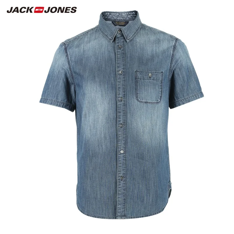 JackJones الرجال القطن الدنيم ساحة طوق صالح سليم قصيرة الأكمام قميص J | 218204509